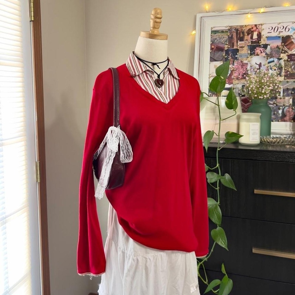 Vintage Striped Collared Double Layer Red Long Sleeve Top 18/20W Office